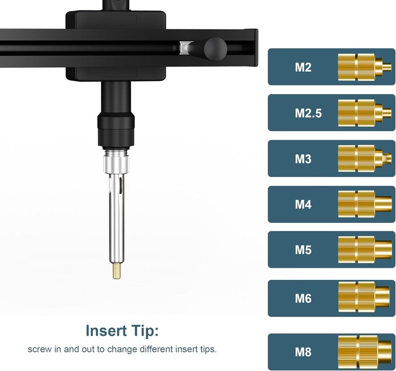 DACKZZM Heat Set Insert Tool with Soldering Iron Heat Insert Press Slide Rail Auto-Return Vertical Heat Pressing Machine for M2/M2.5/M3/M4/M5/M6(1/4)/M8 Threaded Inserts, 3D Printing Components - Image 4